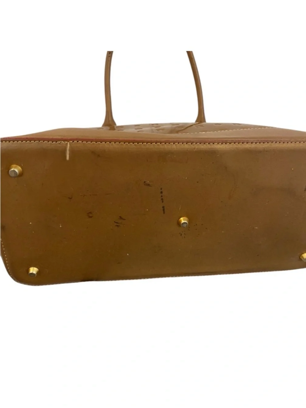 Arcadia Womens Gold Patent Leather Satchel Purse Medium Y2k Vintage Top Handle